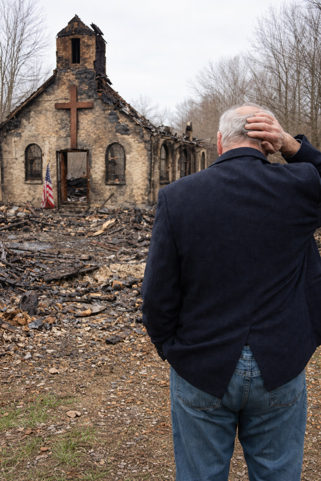 Pastor Noah in front of the church after the fire